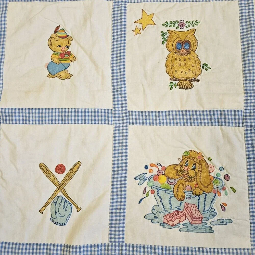 Vintage 70s Baby Quilt Kitschy Handpainted Animals Patchwork Blue 41 X 51‎ Blue